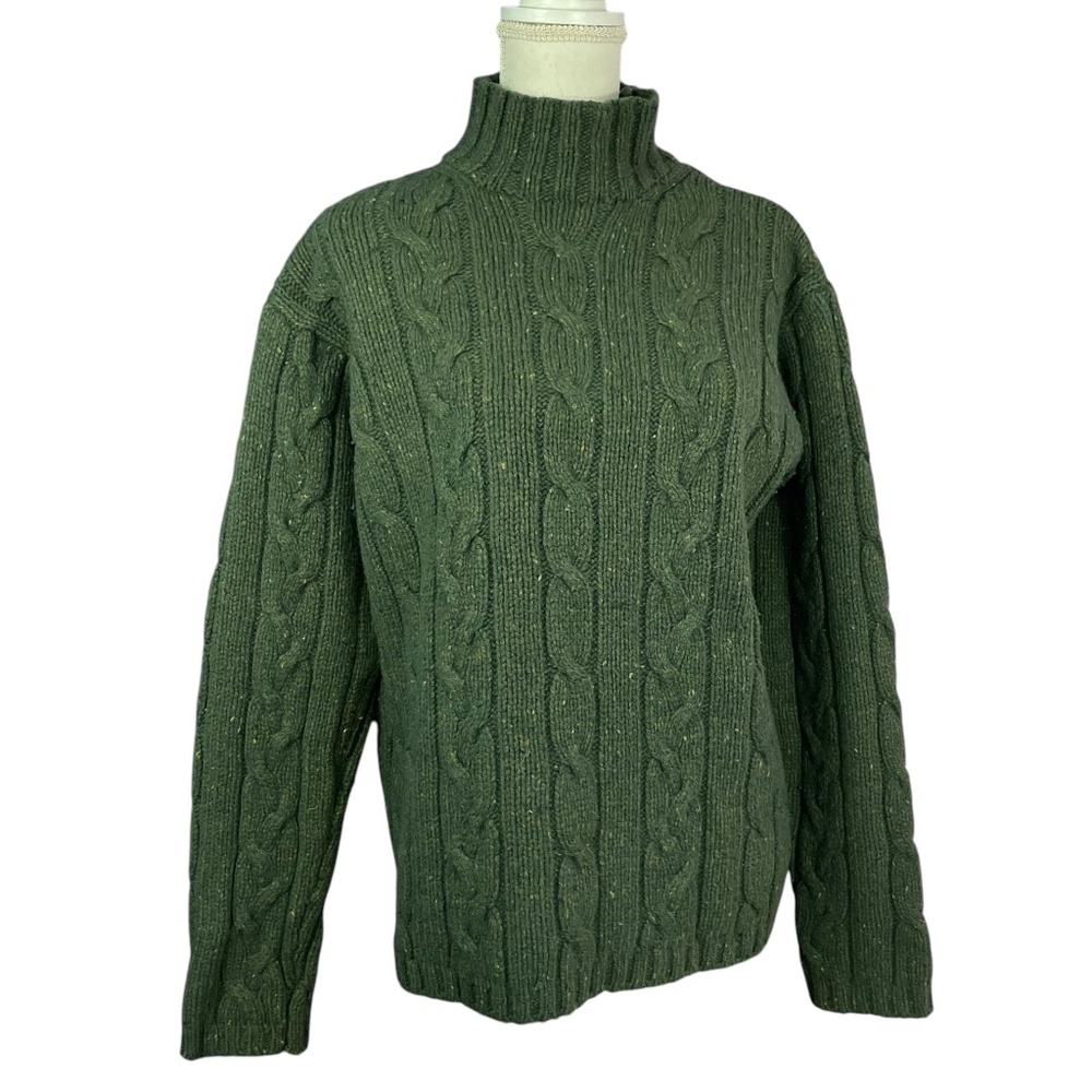 Lambswool Donegal Cable Knit Sweater M Marled Ribbed Turtleneck Wool Pine Green